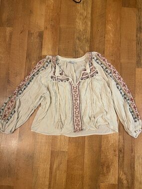 American Eagle Outfitters Cream Peasant Blouse with Red and Rust Embroidery